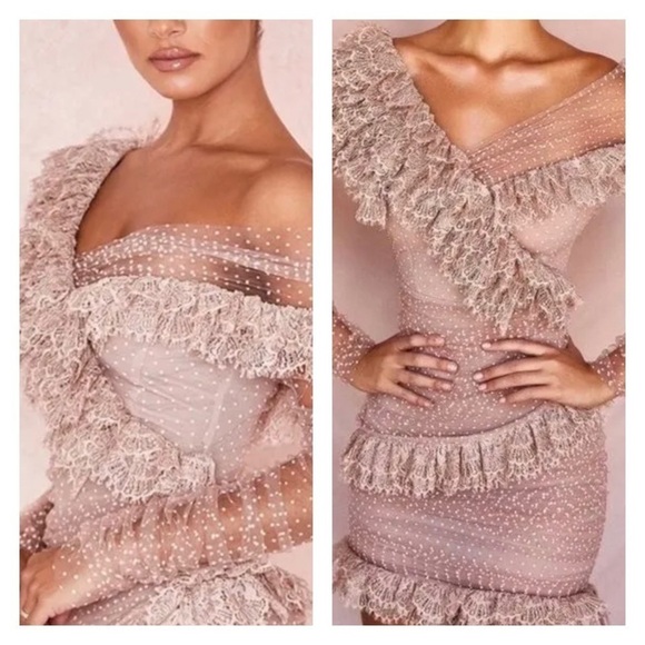 HOUSE OF CB Sorrel Blush Pink Off the Shoulder Lace Ruffle Mini Dress Large NWT - Picture 10 of 16